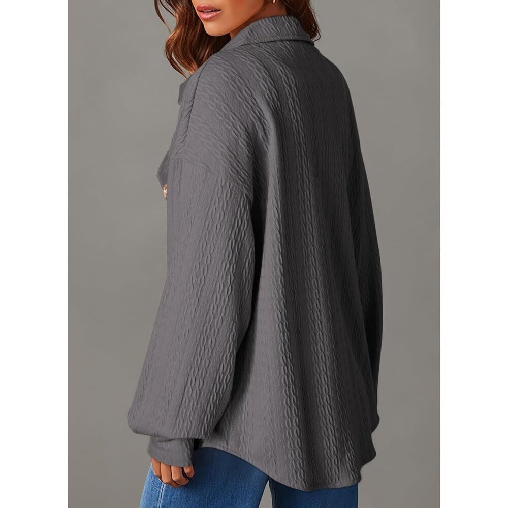 Women's Cable Knit Shacket Light Weight Button Down Long Sleeve Casual Oversized - Picture 2 of 5